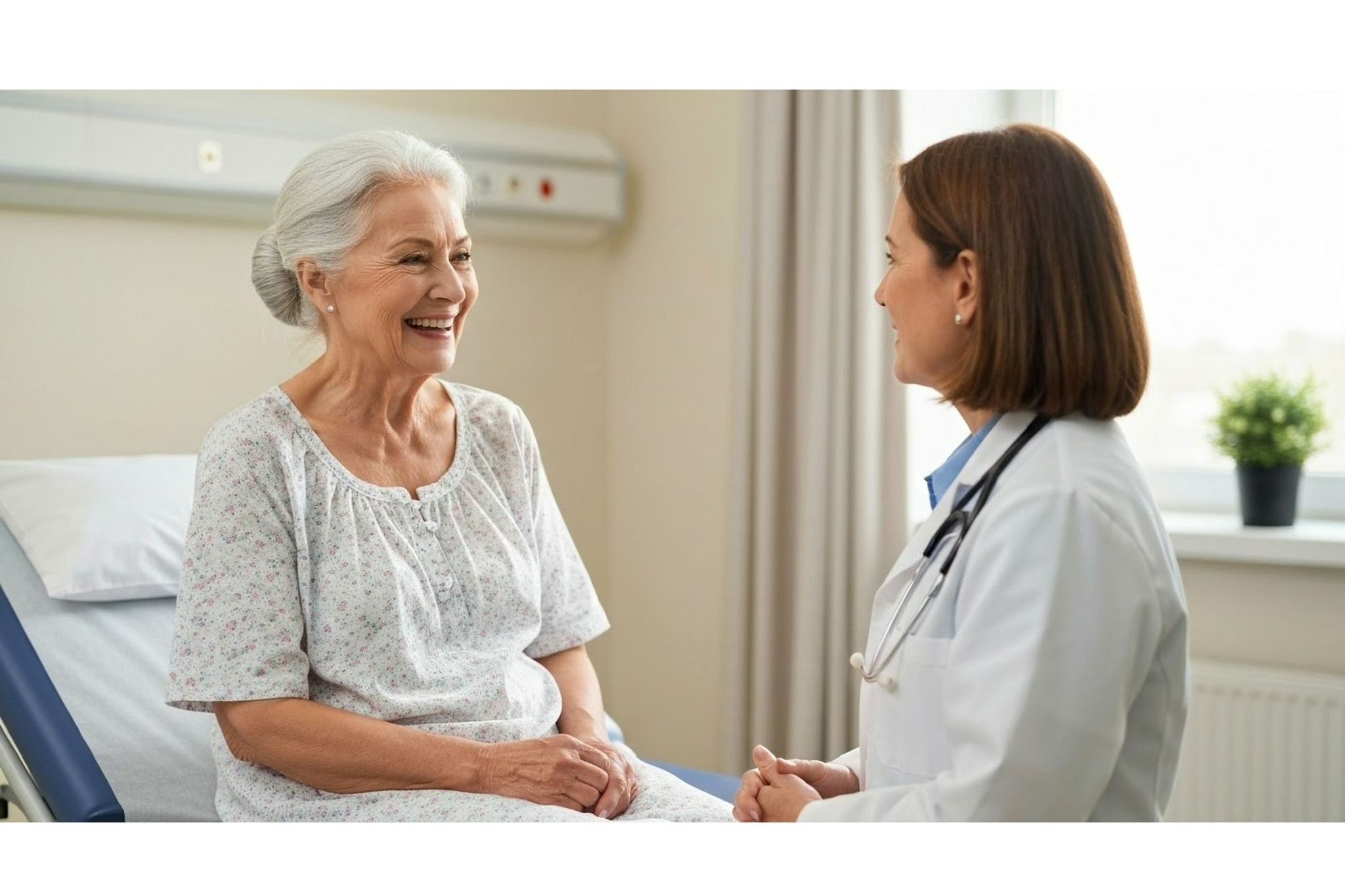 Patient smiling during consultation with doctor